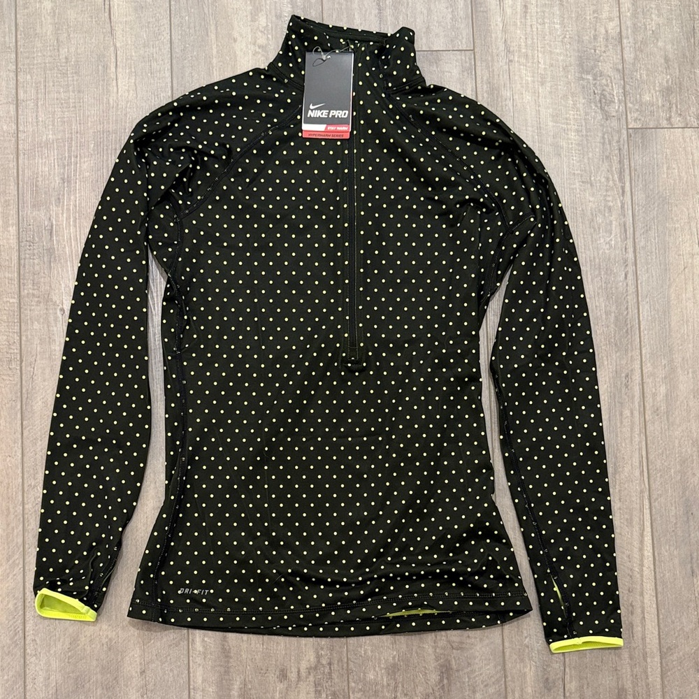 Nike Pro Women's Black and Neon Green Polka Dot Pullover